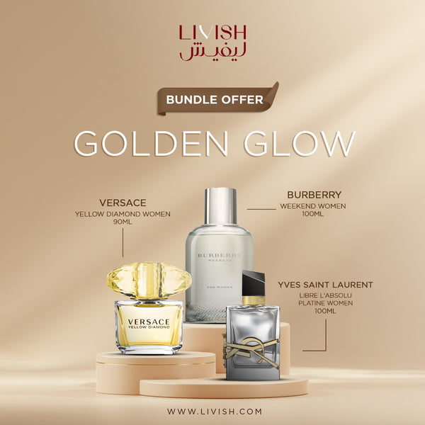 Golden Glow Women’s Perfume Bundle – Burberry, YSL Libre Platine & Versace Yellow Diamond