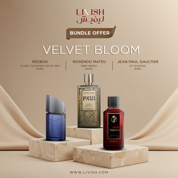 Velvet Bloom Perfume Bundle – Rosendo Mateu 1988, Reebok Iconic Statement Blue & Brandy Rouge Tobacum