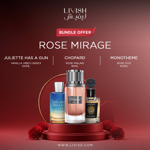 Rose Mirage Perfume Bundle – Chopard Rose Malaki, Monotheme Rose Oud & Juliette Has a Gun Vanilla Vibes