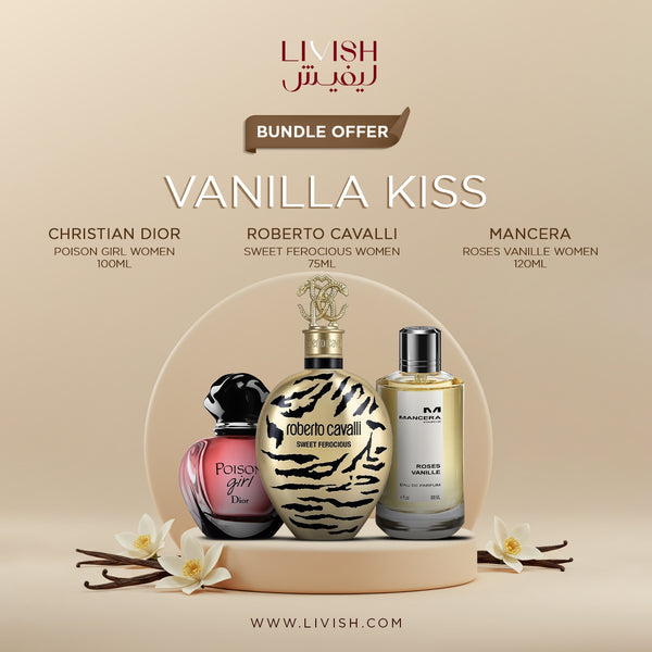 Vanilla Kiss Perfume Bundle – Dior Poison Girl, Roberto Cavalli Sweet Ferocious & Mancera Roses Vanille